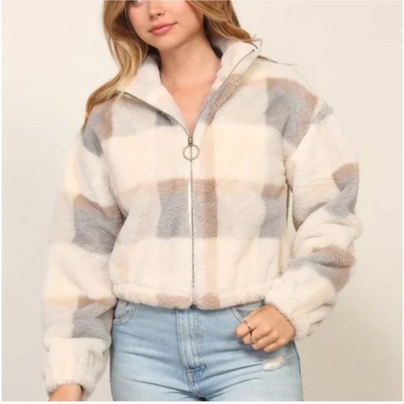 Timing Jackets & Blazers - Timing Plaid Fuzzy Zip Up Jacket